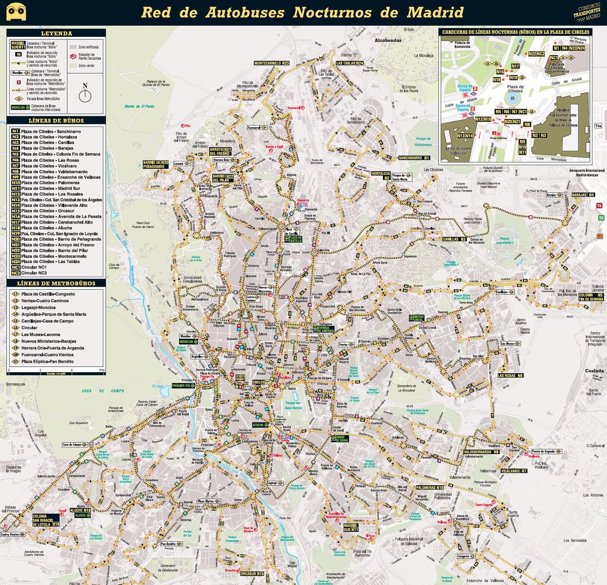 harta Madrid autobuz de noapte
